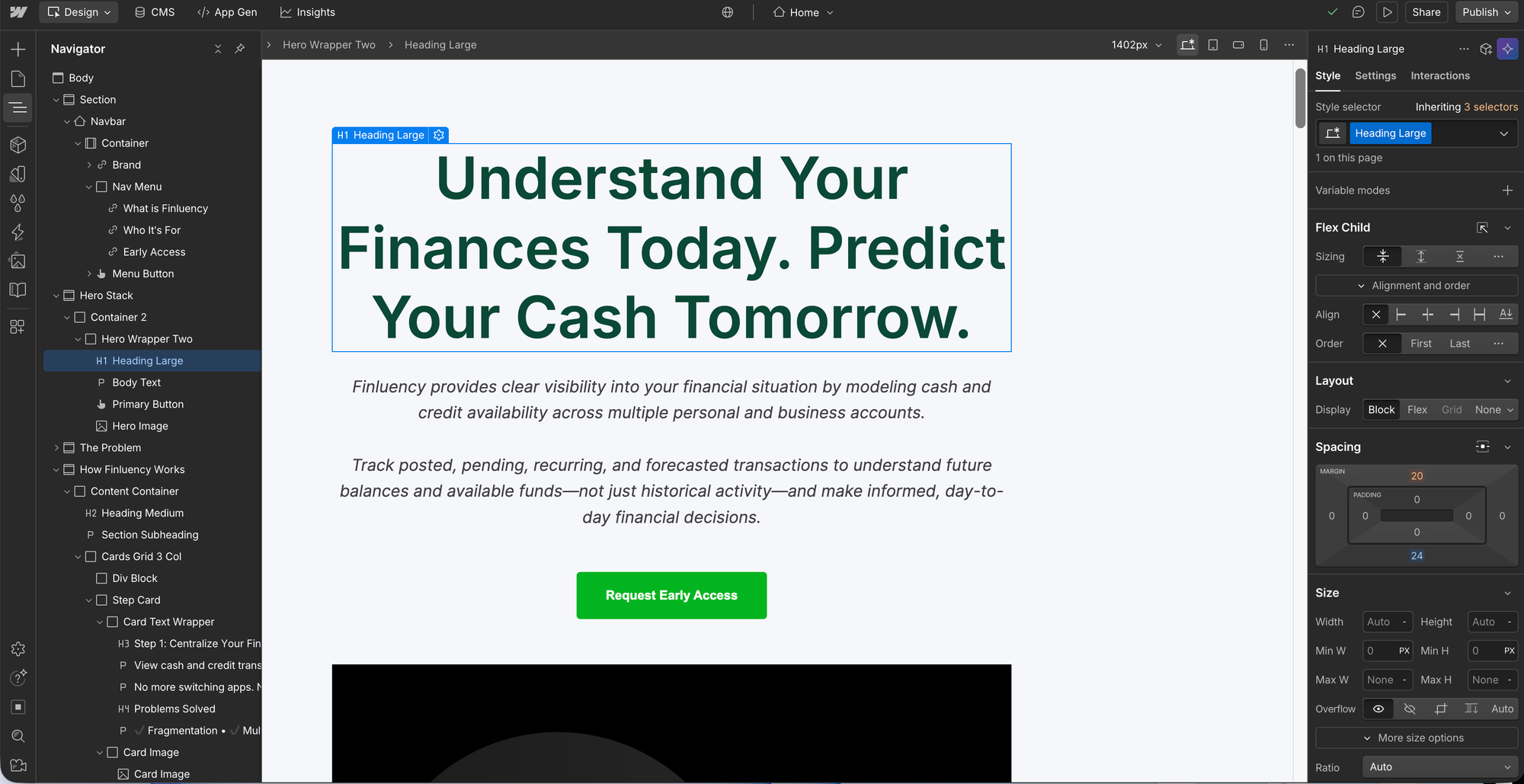 Finluency's Webflow interface for website development