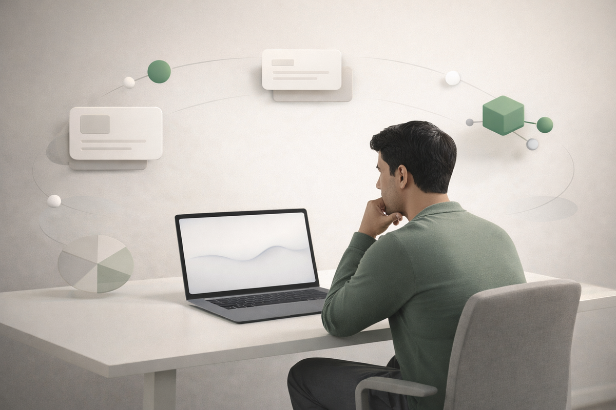 Minimal fintech illustration of a founder reviewing aggregated financial data on a laptop, symbolizing open banking, CFPB Rule 1033, and the real cost of consumer financial data access.